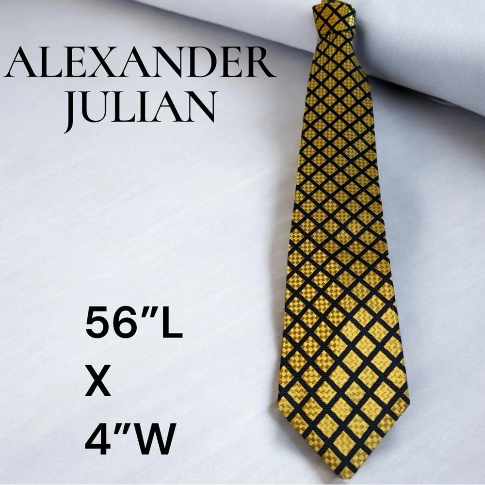 Alexander Julian All Silk Geometric Grid Tie Black & Gold 56” Length 4” Wide